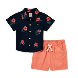 Baby Boys Hibiscus Button Down Shirt and Shorts 2-Piece Set, Sizes 0-3M New